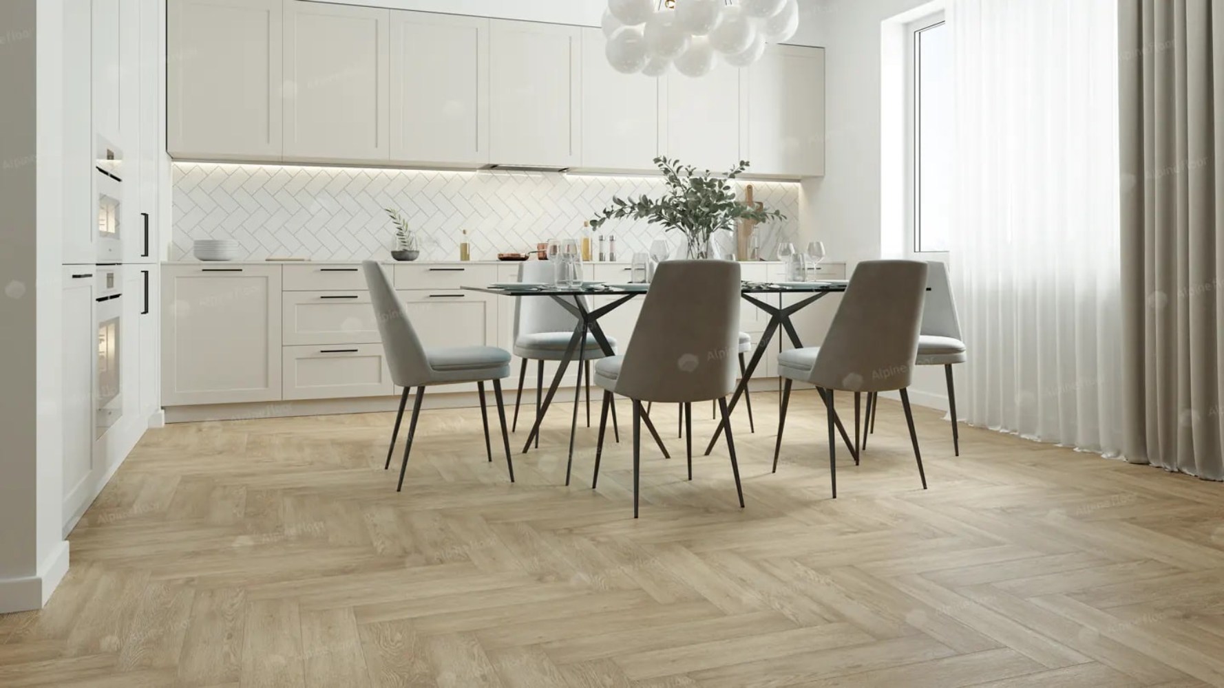 Кварцвиниловый SPC ламинат Alpine Floor Parquet Premium Дуб Ваниль Селект ECO 19-3 венгерская елка 600×125×8 фото в интерьере